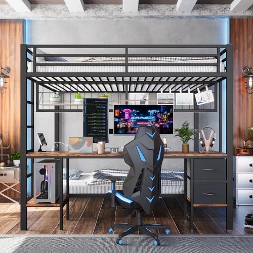 FAYICIC Hochbett, 90x200 und 140x200, Eisenrahmen, Schubladen, Gitter zum Aufhängen von Gegenständen, Schreibtisch, Mit 7-Farbiger LED-Leiste, USB-Anschluss, ohne Matratze (Schwarz) von FAYICIC