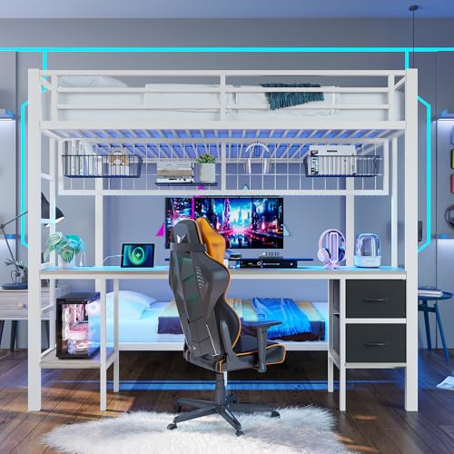Hochbett, 90x200 und 140x200, Eisenrahmen, Schubladen, Gitter zum Aufhängen von Gegenständen, Schreibtisch, Mit 7-Farbiger LED-Leiste, USB-Anschluss, ohne Matratze (Weiß) von FAYICIC