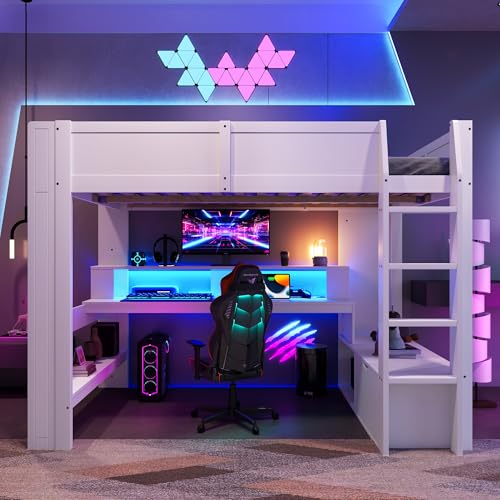FAYICIC Hochbett,140x200cm, Gaming Bett mit Schreibtisch, Mit LED-Leuchten, Schreibtisch,Schublade, Regale, ohne Matratze, Weiß FAYICIC Hochbett,140x200cm, Gaming Bett mit Schreibtisch, Mit LED-Leuchten, Schreibtisch,Schublade, Regale, ohne Matratze, Weiß von FAYICIC