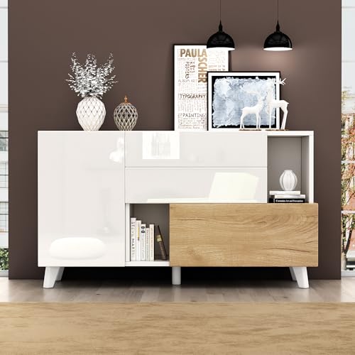 FAYICIC Hochglänzendes weißes original holzfarbenes Sideboard mit Stauraum, ESS-Sideboard mit Stauraum, moderner Wohnzimmerschrank von FAYICIC
