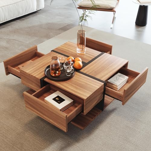 FAYICIC Hochglanz-Couchtisch, Tisch mit 4 Schubladen, einzigartige Farbabstimmung und Liniendesign, Stauraum unten. 78x78x36cm (Schwarz und Holz) von FAYICIC