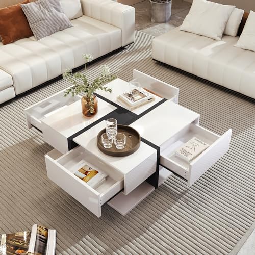 FAYICIC Hochglanz-Couchtisch, Tisch mit 4 Schubladen, einzigartige Farbabstimmung und Liniendesign, Stauraum unten. 78x78x36cm (Weiß und Schwarz) von FAYICIC