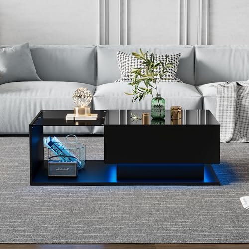 FAYICIC Hochglanz Couchtisch 100x50x32 cm - mit Glasplatte und Schubladen, Kratzfest, mit 1 Schublade, mit LED-Beleuchtung, moderner Stil (schwarzer) von FAYICIC