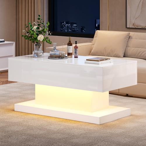 FAYICIC Hochglanz-Lift-Couchtisch LED-Couchtisch 100 x 50 x 45 cm, Semi-Lift-Tischplatte und seitlich verschiebbares Design, hydraulischer Lift und Stauraum (Weiß) von FAYICIC
