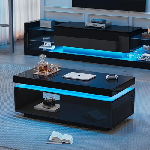 FAYICIC Hochglanz-TV-Schrank-Set, TV-Schrank + Couchtisch, Wohnzimmer-Wand-Sets, Hochglanz-TV-Wandschrank(Schwarz-Set) von FAYICIC