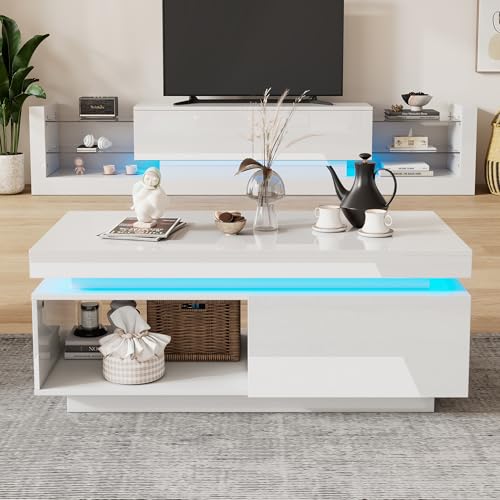 FAYICIC Hochglanz-TV-Schrank-Set, TV-Schrank + Couchtisch, Wohnzimmer-Wand-Sets, Hochglanz-TV-Wandschrank,(Weiß-Set) von FAYICIC