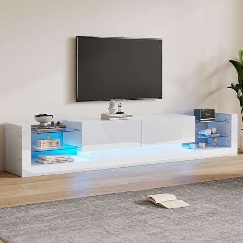 FAYICIC Hochglanz-TV-Schrank mit LED-Beleuchtung, 181 cm – Für Fernseher bis 80 Zoll, Glasfront, Zwei klappbare Schubladen (Weiß) von FAYICIC