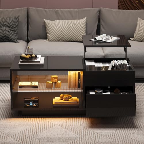 FAYICIC Höhenverstellbarer Couchtisch, Wohnzimmertisch mit LED, Hochglanz-Couchtisch mit 1 Schublade, Sofatisch mit Trennwand aus gehärtetem Glas und verstecktem Stauraum von FAYICIC