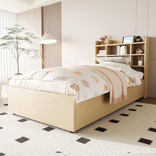 FAYICIC Holzbett 90 x 200 cm, hydraulisches Bett, Kopfteil mit Stauraum, ausgestattet mit USB- und Tape-C-Steckdose, Einzelbett, Jugendbett, ohne Matratze (Holzfarbe) von FAYICIC