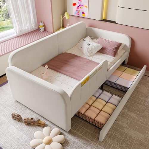 FAYICIC Kinder-Spleißbett, Polsterbett, Tagesbett, Schlafsofa mit Metallbettgestell, 3 kleine Aufbewahrungstaschen, 2 Schubladen auf Rollen, Samt+MDF+Sperrholz, Weiß, 90x200cm von FAYICIC