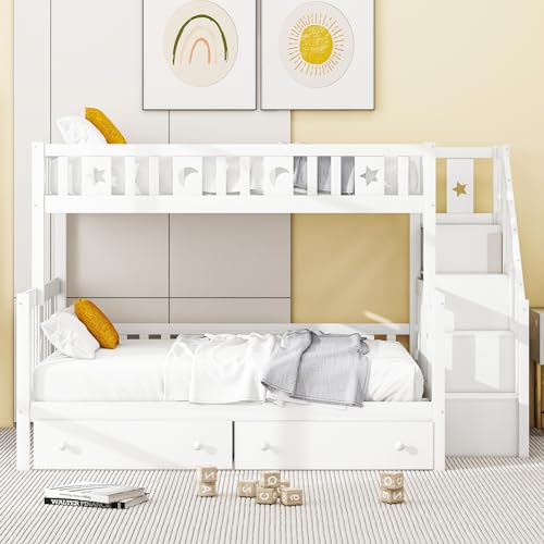 FAYICIC Kinderbett 90x200/140x200cm, Etagenbett aus Massivholz mit Sicherheitstreppe, Zwei großen Schubladen und Lattenrost, weiß von FAYICIC