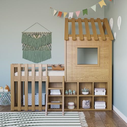 FAYICIC Kinderbett Hausbett 90x200, mit Dach und Fenster, mit offenem Stauraum, mit Kletterleiter, Massivholz-Kinderetagenbett ohne Matratze (Holzfarbe) von FAYICIC