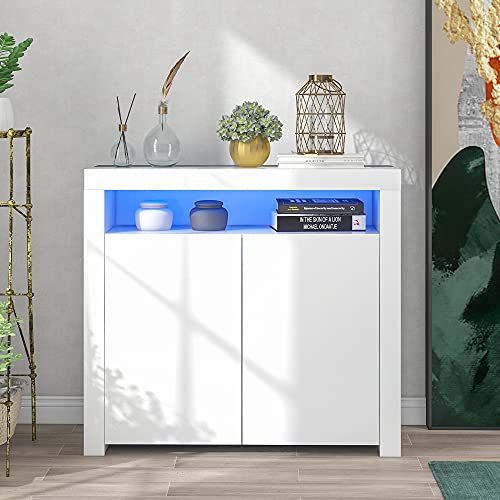 FAYICIC Kommode Sideboard WeißWohnzimmer Sideboard Aufbewahrungsschrank Weiß Hochglanz mit LED-Licht, Moderne Küchenzeile Schrank Buffet Holz Aufbewahrungsvitrine TV-Ständer von FAYICIC