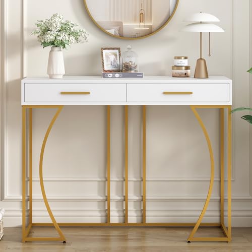 Konsolentisch,Flurtisch mit 2 Schublade,Leichter Luxus-Stil Beistelltisch, Sofatisch,120x38x76 cm,Weiß/Gold von FAYICIC