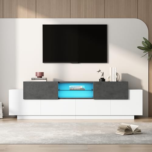 FAYICIC LED TV Schrank, TV-Kommode, Lowboard, Modernes TV-Unterhaltungszentrum mit Glasböden für Wohnzimmer, Schlafzimmer, TV-Konsole mit Lagerung, 80/75/70/65/55 Zoll TVs Weiß+Grau von FAYICIC