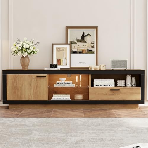 FAYICIC LED TV Schrank, TV-Kommode, Modernes Lowboard TV-Unterhaltungszentrum mit Glasböden für Wohnzimmer, Schlafzimmer, TV-Konsole mit Lagerung, 70/65/55 Zoll TVs Schwarz+Eiche von FAYICIC