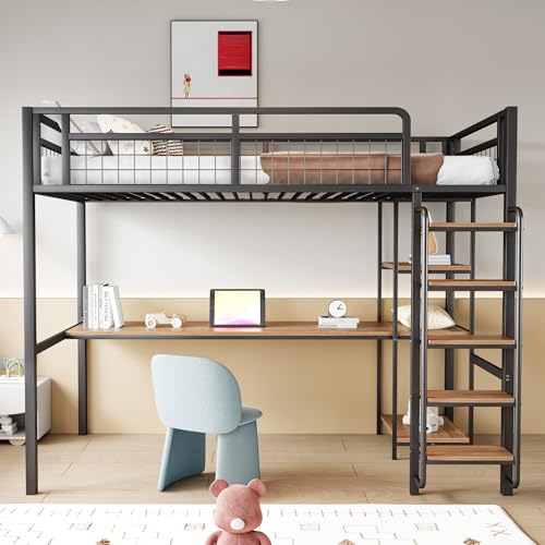 FAYICIC Metall-Hochbett, 90x200 cm, Sicherheitsleiter mit Treppenstufen, Einzelbett, Kinderbett mit Tisch und Regalen, Metallgitter-Sicherheitszaun (Schwarz) von FAYICIC