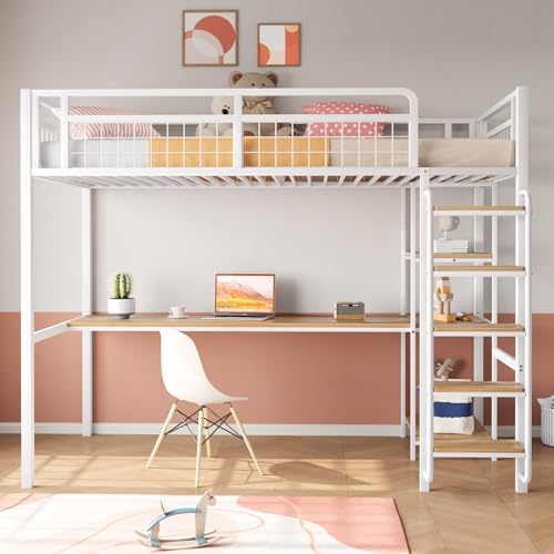 FAYICIC Metall-Hochbett, 90x200 cm, Sicherheitsleiter mit Treppenstufen, Einzelbett, Kinderbett mit Tisch und Regalen, Metallgitter-Sicherheitszaun (Weiß) von FAYICIC