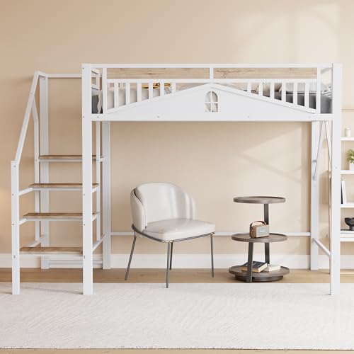 FAYICIC Metall-Hochbett 140 x 200 cm, Einzigartige Gehäuseform mit Fensterdesign, Mit Sicherheitsleiter, Viel Stauraum Unter Dem Bett (Weiß) von FAYICIC
