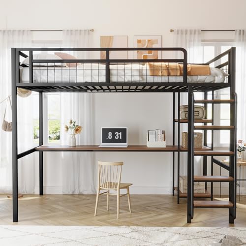 FAYICIC Metall-Hochbett 140x200 cm, Sicherheitsleiter mit Treppe, Kinderbett mit Tisch und Regal, Jugendbett Erwachsenenbett, Metallgitter-Sicherheitszaun (Schwarz) von FAYICIC