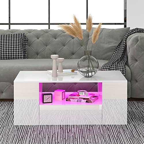 FAYICIC Moderner Couchtisch Hochglanz Wohnzimmermöbel 2 Schubladen und 2 Regalsofa Couchtisch Beistelltisch (95 x 53 x 37cm) (Weiß) von FAYICIC