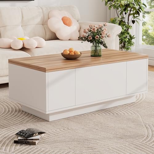 FAYICIC Moderner Couchtisch mit Doppel-Hebemechanismus, verstecktem Stauraum – Belastbar bis 50 kg (Weiß + Holzfarbe) von FAYICIC