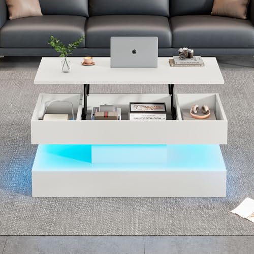 FAYICIC Moderner Couchtisch mit LED-Beleuchtung und verstecktem Stauraum - Beistelltisch mit hydraulischem Hub, 100x50x42 cm, 50 kg belastbar (Weiß) von FAYICIC