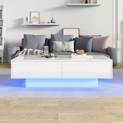 FAYICIC Moderner Hochglanz Couchtisch, 115 x 55 x 34 cm, mit 2 Schubladen, LED-Beleuchtung und 30 kg Tragkraft – Eleganter Wohnzimmertisch (Weiß) von FAYICIC