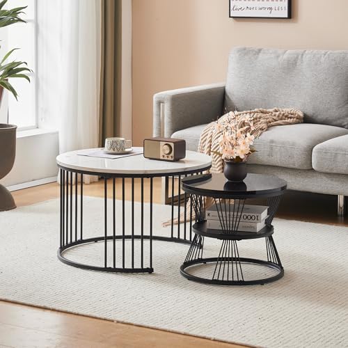 FAYICIC Moderner Nesting-Couchtisch, Couchtisch-Set, Hochglanz-Tischplatte, marmoriert, Sofa-Beistelltisch, runder Nesting, 2er-Set, schwarzer Rahmen von FAYICIC