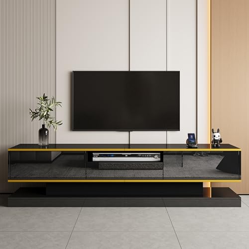 FAYICIC Moderner TV-Schrank mit DREI Schubladen und einem offenen Fach - Hochglanz mit farbwechselnden LED-Leuchten, 180x38x45cm (Schwarz) von FAYICIC