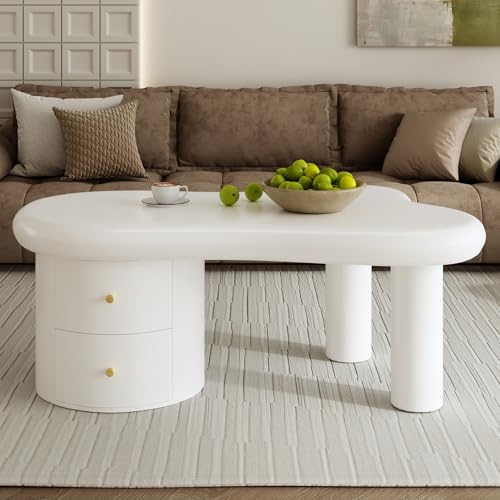 FAYICIC Moderner Weißer Couchtisch mit Unregelmäßiger Form – 2 Schubladen, Platzsparend, Stilvoll, Stabil – Perfekt für Wohnzimmer & Mehrzwecknutzung von FAYICIC