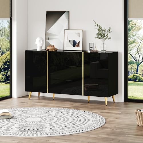 FAYICIC Moderner dekorativer schwarzer Hochglanzschrank Multifunktionaler Aufbewahrungsschrank 2 Türen 3 Schubladen Esszimmerschrank Golddekoration 140x40x76cm von FAYICIC