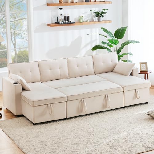 FAYICIC Modernes Design: Schlafsofa mit Schlaffunktion, U-förmiges Sofa, Polstersofa, Baumwoll- und Leinenstoffe, mit Getränkehalter, Zwei Stauräume (Beige) von FAYICIC