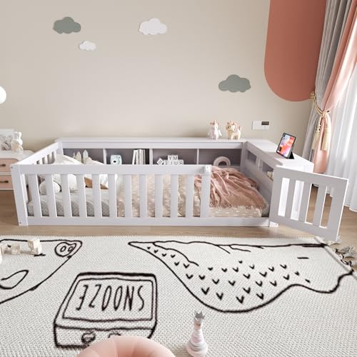 FAYICIC Multifunktionales Kinderbett 90 x 200 cm, mit reichlich Staufächern und Stauraum, mit Sicherheitsgitter und Türchen, Rundum-Sicherheitsschutz, Massivholzbett mit Lattenrost (Weiß) von FAYICIC