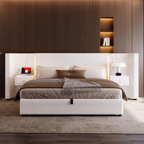 FAYICIC Polsterbett, 180x200cm, mit LED-Leiste, hydraulischer Stauraum, 2 Schubladen, ohne Matratze, USB + Type-C, Samt (Beige) von FAYICIC