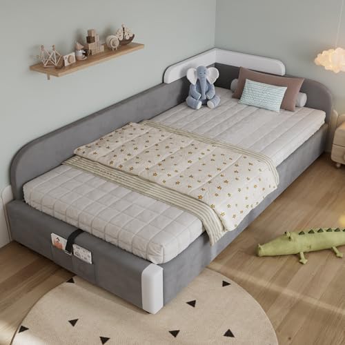 FAYICIC Polsterbett, Einzelbett, Kinderbett, Hydraulisches Bett mit Stauraum, Erhöhter weicher Zaun, Aufbewahrungstasche am Fußende des Bettes, Samt+Sperrholz, Grau, 90x200cm (Linke Seitenplatte) von FAYICIC