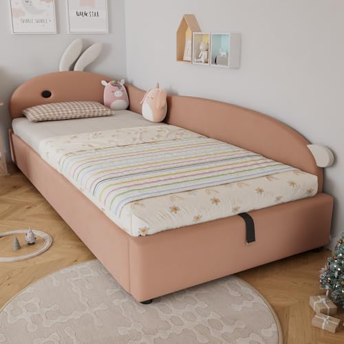 FAYICIC Polsterbett, Einzelbett, Kinderbett, Niedliches Häschen-Kopfteil, Hydraulisches Bett mit Stauraum, Erhöhter weicher Zaun,Samt, Rosa+Weiß, 90x200cm (Rechte Seitenplatte) von FAYICIC