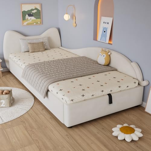 FAYICIC Polsterbett, Einzelbett, Kinderbett, Niedliches Katzen-Design, Hydraulisches Bett mit Stauraum und Gurtgriffen, Stabile Lattenroste,Samt, Beige, 90x200cm (Rechte Seitenplatte) von FAYICIC
