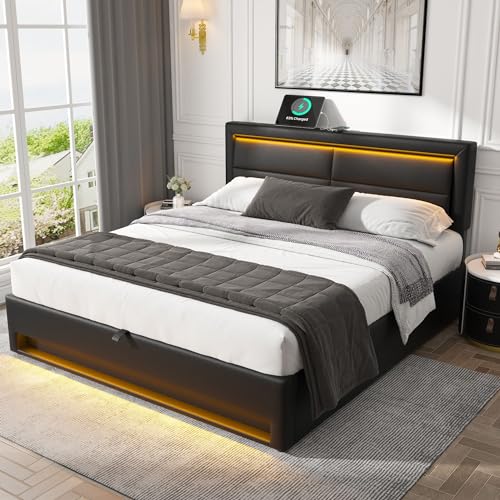 FAYICIC Polsterbett 140 x 190 cm, mit USB-Anschluss (unterstützt kabelloses und kabelgebundenes Laden), mit LED-Beleuchtung und Stauraum, ohne Matratze, PU-Lychee-Design (schwarz) von FAYICIC