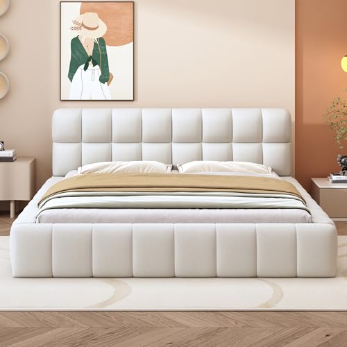 FAYICIC Polsterbett 140 x 200 cm, Jugendbett, Doppelbett mit weicher Rückenlehne, Flachbett mit Polsterumrandung, Lattenrost Leinen(Matratze Nicht im Lieferumfang enthalten) (Beige) von FAYICIC
