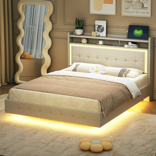 FAYICIC Polsterbett 140x200 cm, mit USB-Steckdose und LED-Licht, Bett kann am Kopfende des Bettes platziert Werden, verstecktes Fußdesign, Doppelflachbett, Leinenstoff (Beige) von FAYICIC