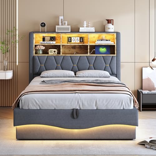 FAYICIC Polsterbett 140×200  mit hydraulischem Stauraum APP-gesteuertes LED-Lichtband USB-Ladeanschluss Metall-Lattenrost Leinenpolsterung Grau von FAYICIC