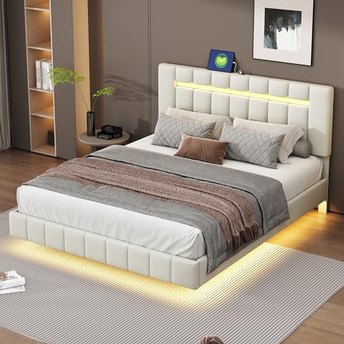 FAYICIC Polsterbett 160 x 200 cm, gepolsterter Schwebebettrahmen mit LED-Leuchten und Kopfteildesign, flächiges Doppelbett-Gästebett in hautfreundlichem Leinen (Beige) von FAYICIC