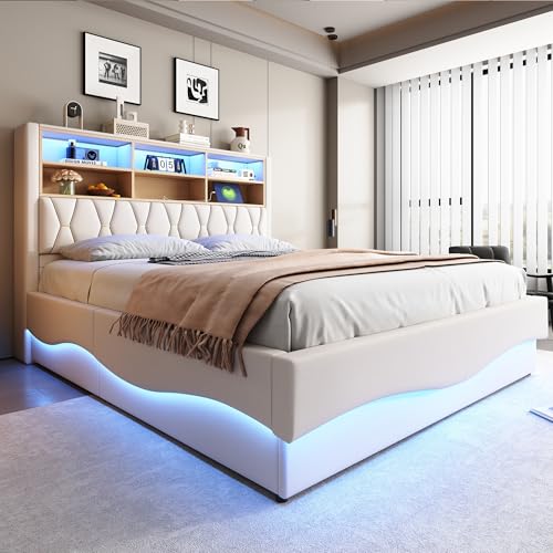 FAYICIC Polsterbett 180×200  mit hydraulischem Stauraum APP-gesteuertes LED-Lichtband USB-Ladeanschluss Metall-Lattenrost Leinenpolsterung (Beige) von FAYICIC