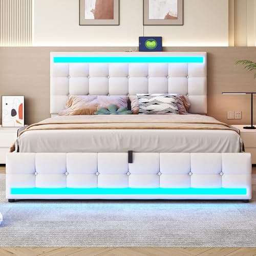 FAYICIC Polsterbett 180x200cm Hydraulisches Stauraum-Kinderbett mit USB und farbwechselndem LED-Lichtstreifen,Leinen-Einzelbett (Beiges) von FAYICIC