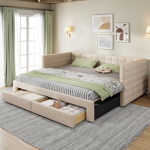 FAYICIC Polsterbett 3-in-1 Ausziehbares Schlafsofa 90 x 190 cm, mit Schubladen, umbaubar in Einzel-/Doppelbett mit Lattenrost, Baumwolle und Leinen (Matratze Nicht enthalten) (Beige) von FAYICIC