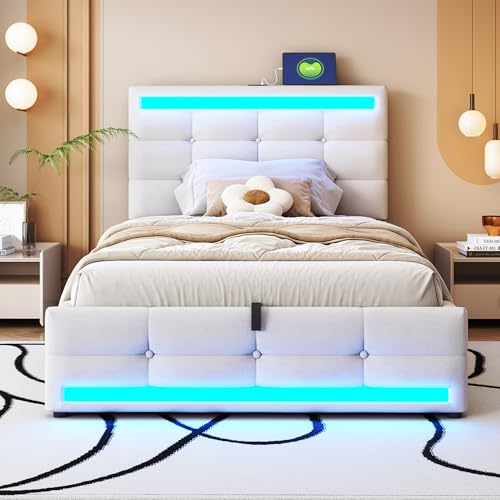 FAYICIC Polsterbett 90x200cm Hydraulisches Stauraum-Kinderbett mit USB und farbwechselndem LED-Lichtstreifen, Leinen-Einzelbett (Beiges) von FAYICIC