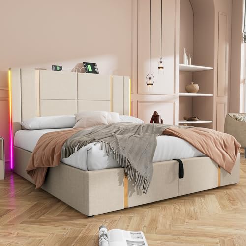 FAYICIC Polsterbett Doppelbett USB Type C Ladefunktion APP-Control LED 140×200 Stauraumbetten Bettgestell, Lattenrost aus Holz,Beige Leinenmaterial (Ohne Matratze) von FAYICIC