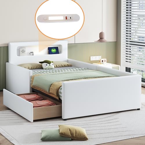 FAYICIC Polsterbett Kinderbett 90x200 cm, Mit Nachtlicht und USB-Ladeanschluss, Mit Ablagefächern, Erhöhte Seitenteile zur Sicherheit, Einfaches Einzelbett,Kunstlederstoff (Weiß) von FAYICIC