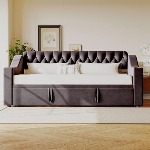 FAYICIC Polsterbett Schlafsofa, 90/180x190 cm, mit USB-Ladeanschluss, Integrierte Ablage in den Armlehnen, Mit Ablagetaschen,Mit Lattenrost, Samtstoff (Dunkelgrau) von FAYICIC